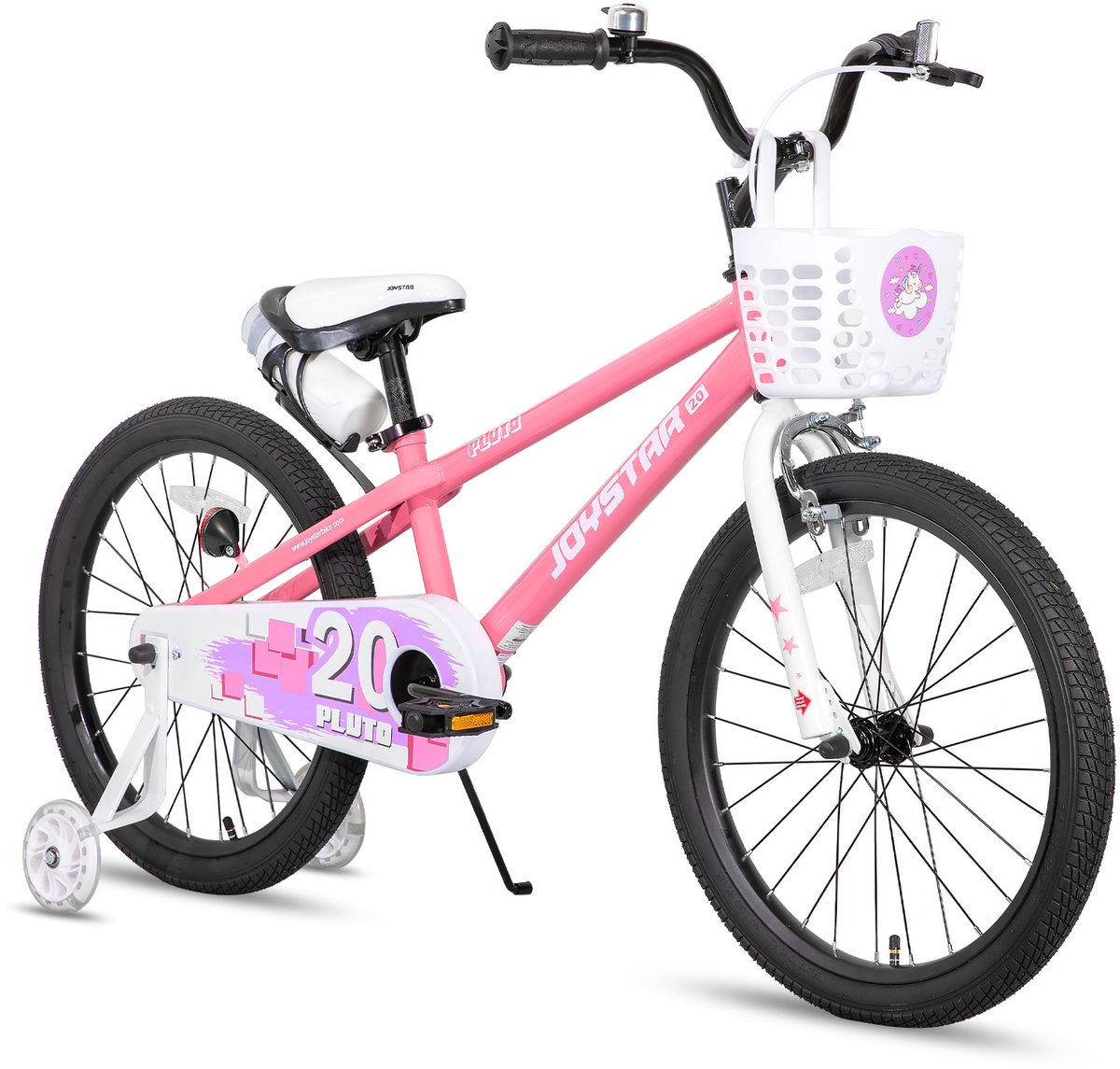 joystar pluto kinderfiets 20 inch met mandje met waterfles zijwieltjes bel handrem roze
