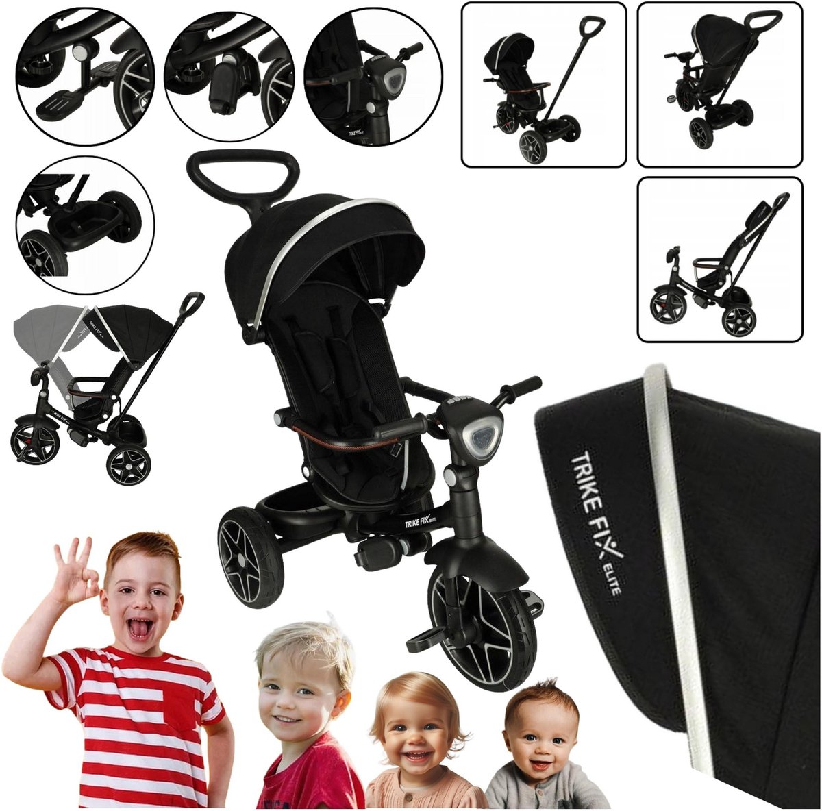 Kinderdriewieler met duwstang, draaibare zitting en zonnekap - Zwart Driewieler kopen online