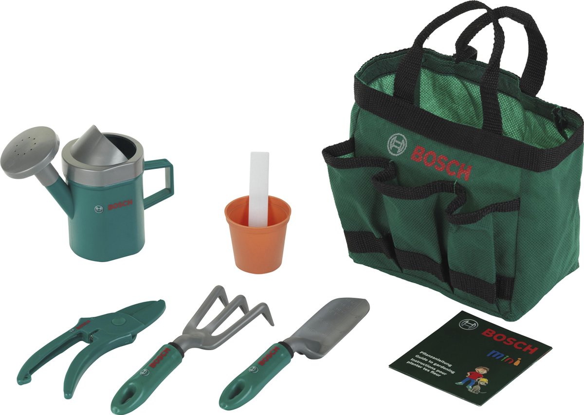 Klein Toys Bosch tuin 6-delige tuintas - schop, hark, plantenpot, gieter, snoeischaar, plantinstructies en stokjes - groen Speelgoedgrasmaaier kopen online