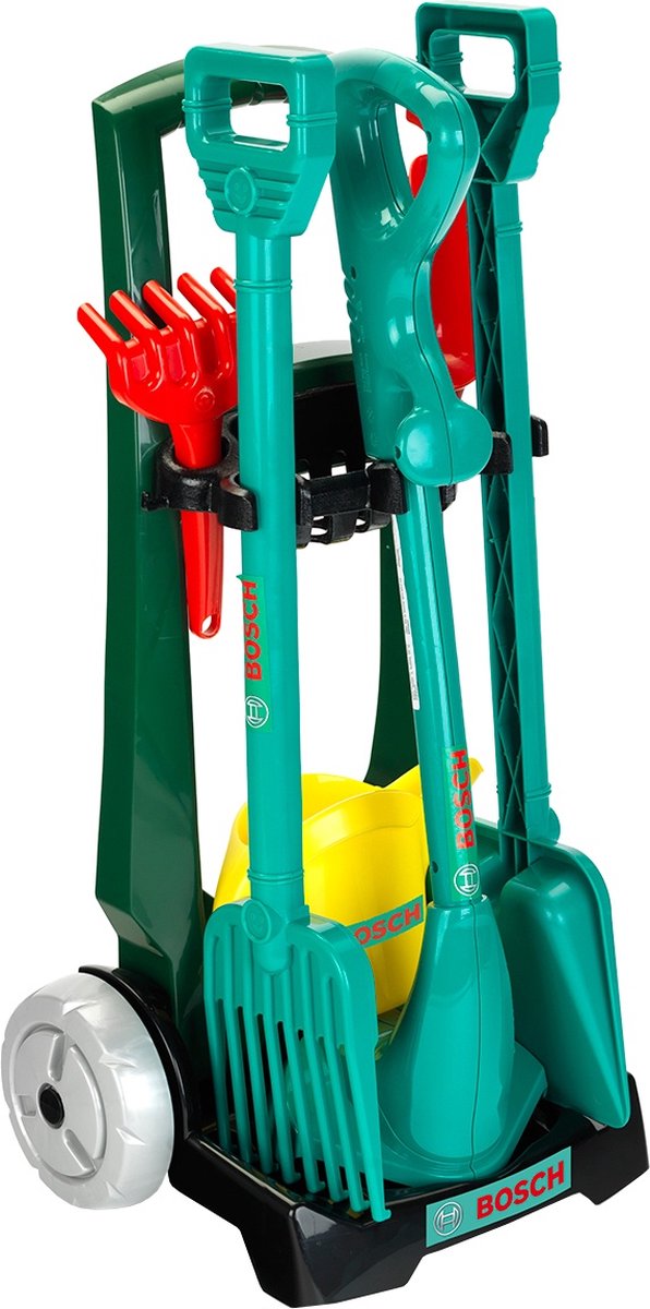 Klein Toys Bosch tuin 7-delige tuinkar - grastrimmer, schep, hark, gieter, schepje en zandhark - incl. bijpassend geluid - groen geel rood Speelgoedschep kopen online