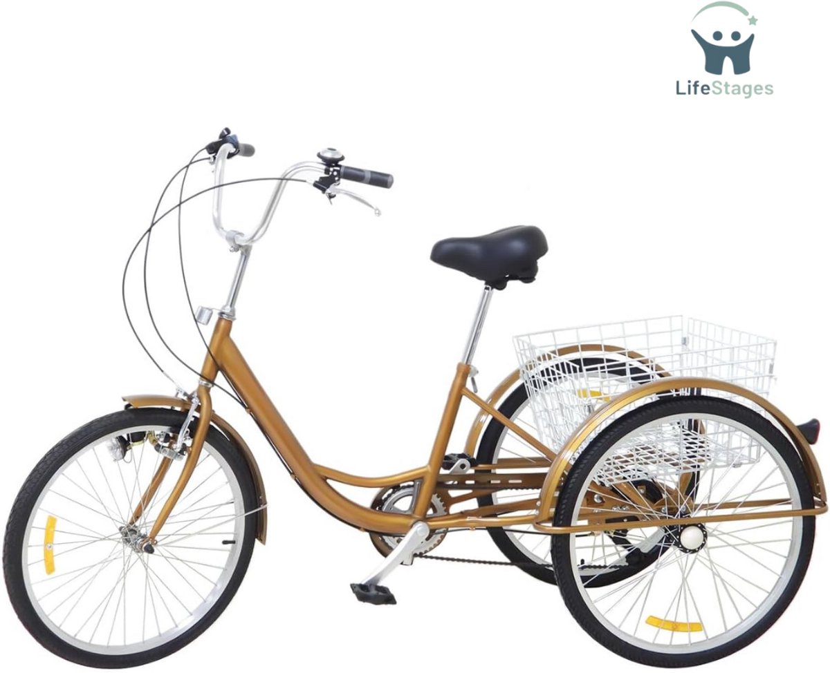LifeStages - Driewieler Volwassenen - Driewieler - Driewielfiets Volwassenen - Driewielfiets - Driewieler Senioren - 24 Inches - met Boodschappenmandje 3 Wielen - Goud Driewieler kopen online