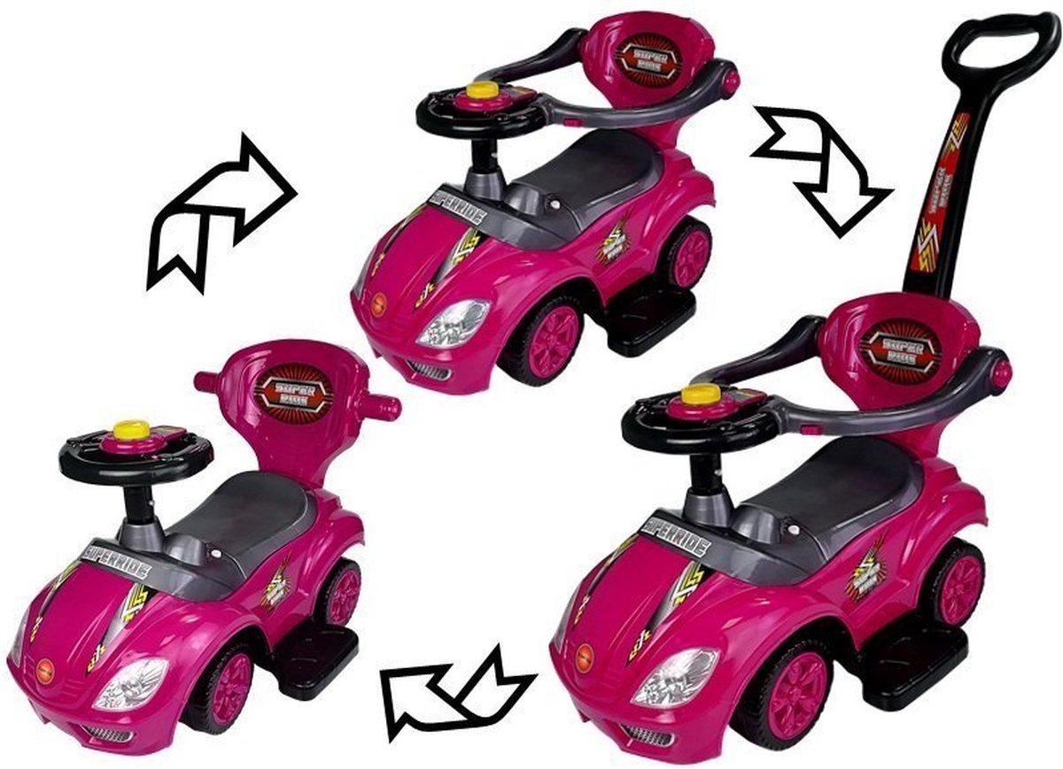 mega car 3 in 1 loopauto met duwstang groeit mee met je kind roze