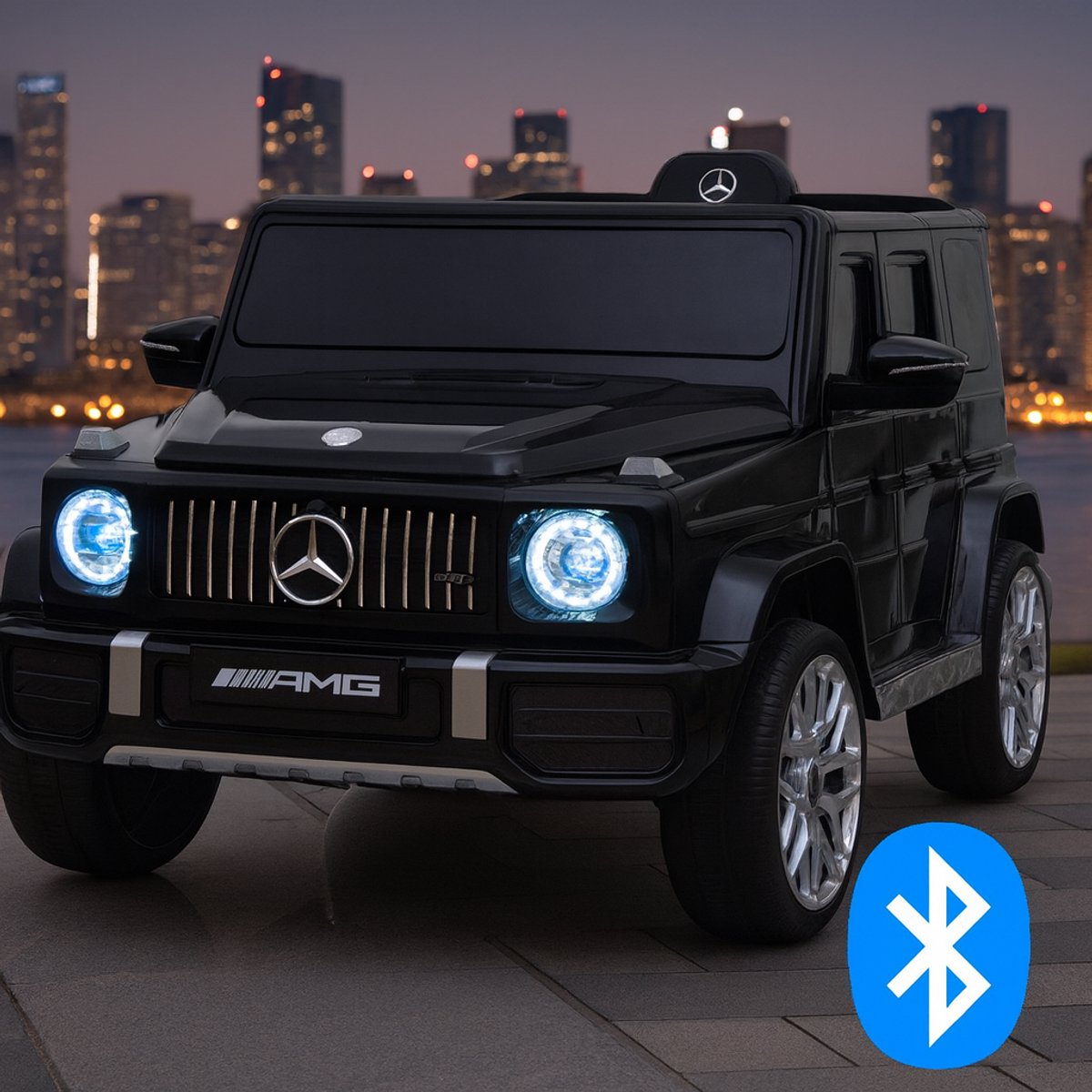 Mercedes-Benz G63 AMG Kinderauto 12V 7A – 2×30W – Bluetooth RC – Leren Zitje – EVA Rubberbanden – MP3/Bluetooth & MP3-/USB-muziekmodule – Zwart Accuvoertuig kopen online