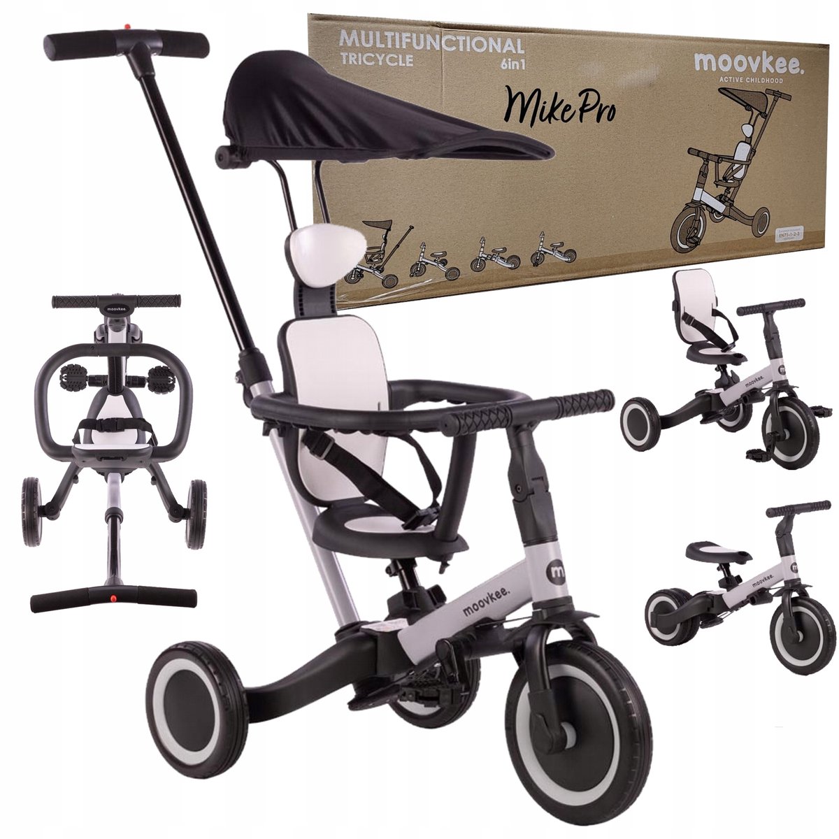 MooVkee Mike Pro Loopfiets 6-in-1 met Zonnekap en Duwstang Driewieler kopen online