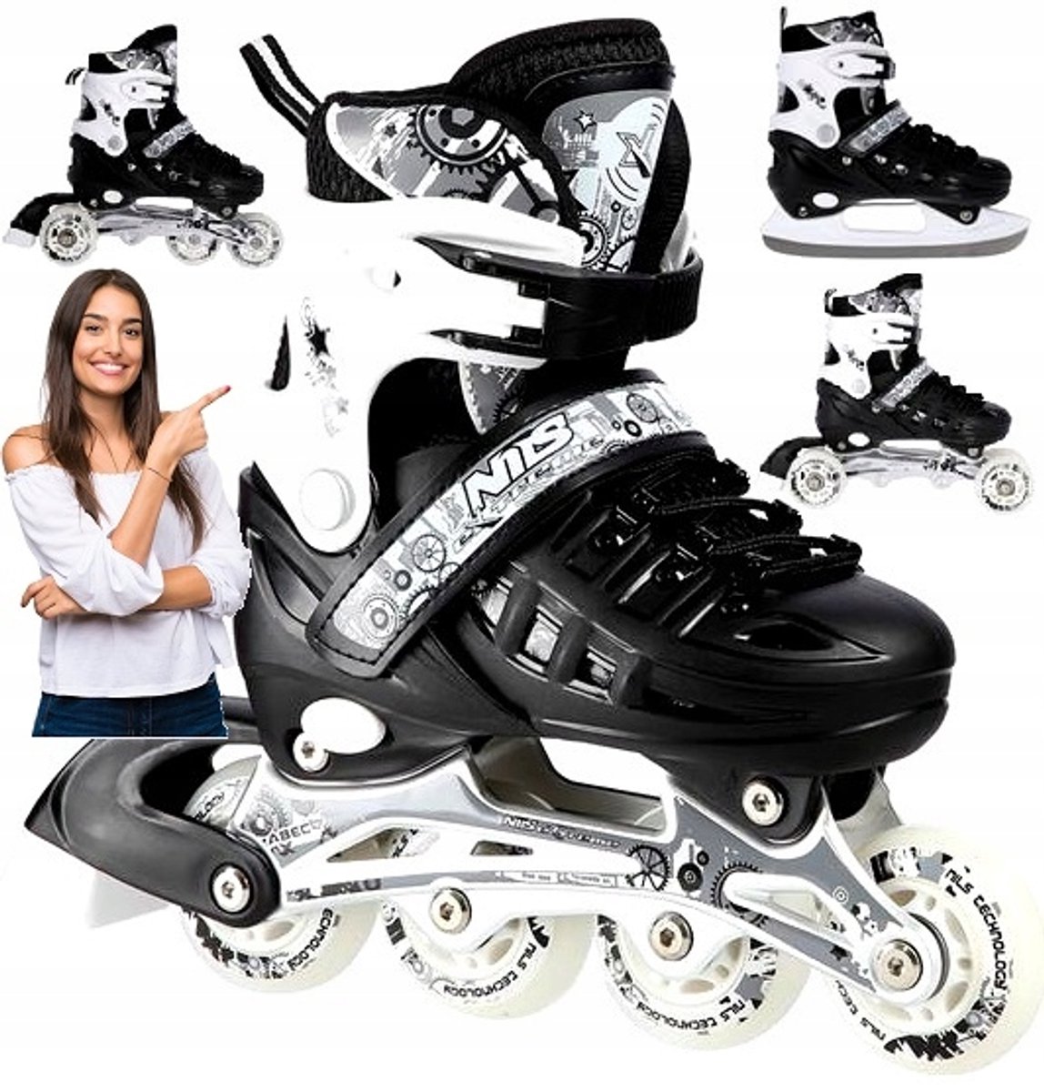 nils extreme 4 in 1 schaatsen skeelers maat 39 42 zwart