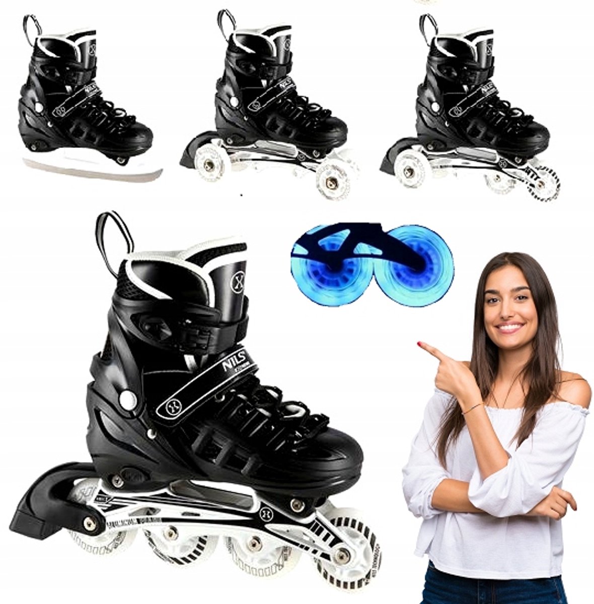 nils extreme 4 in 1 schaatsen skeelers zwart maat l 39 42 led