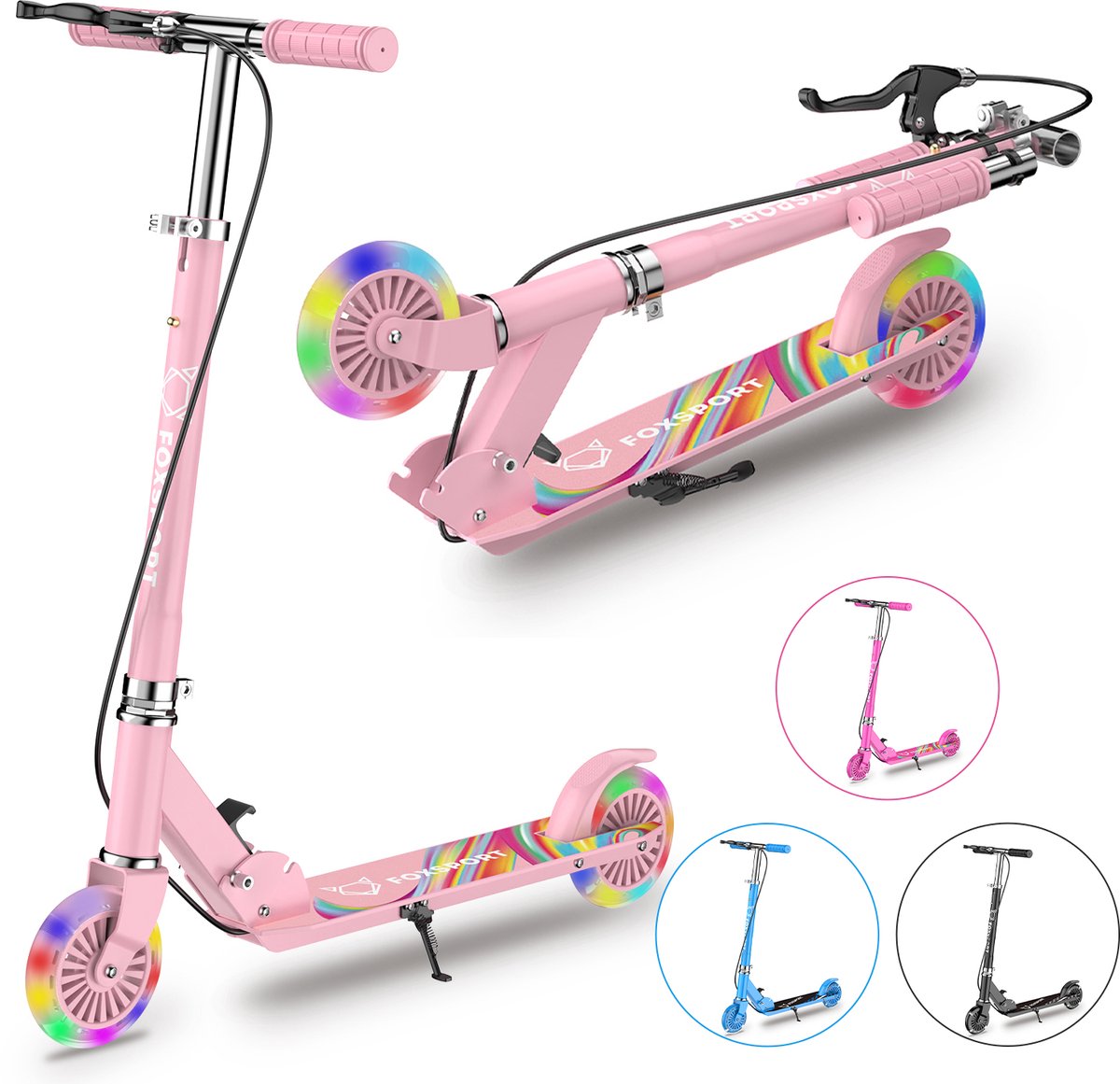 OFMOTRA Kinderstep - Scooter - met LED wielen - Opvouwbaar - Drie instelbare hoogte - met voetrem en handrem - Draagkracht tot 100 kg - roze Step kopen online