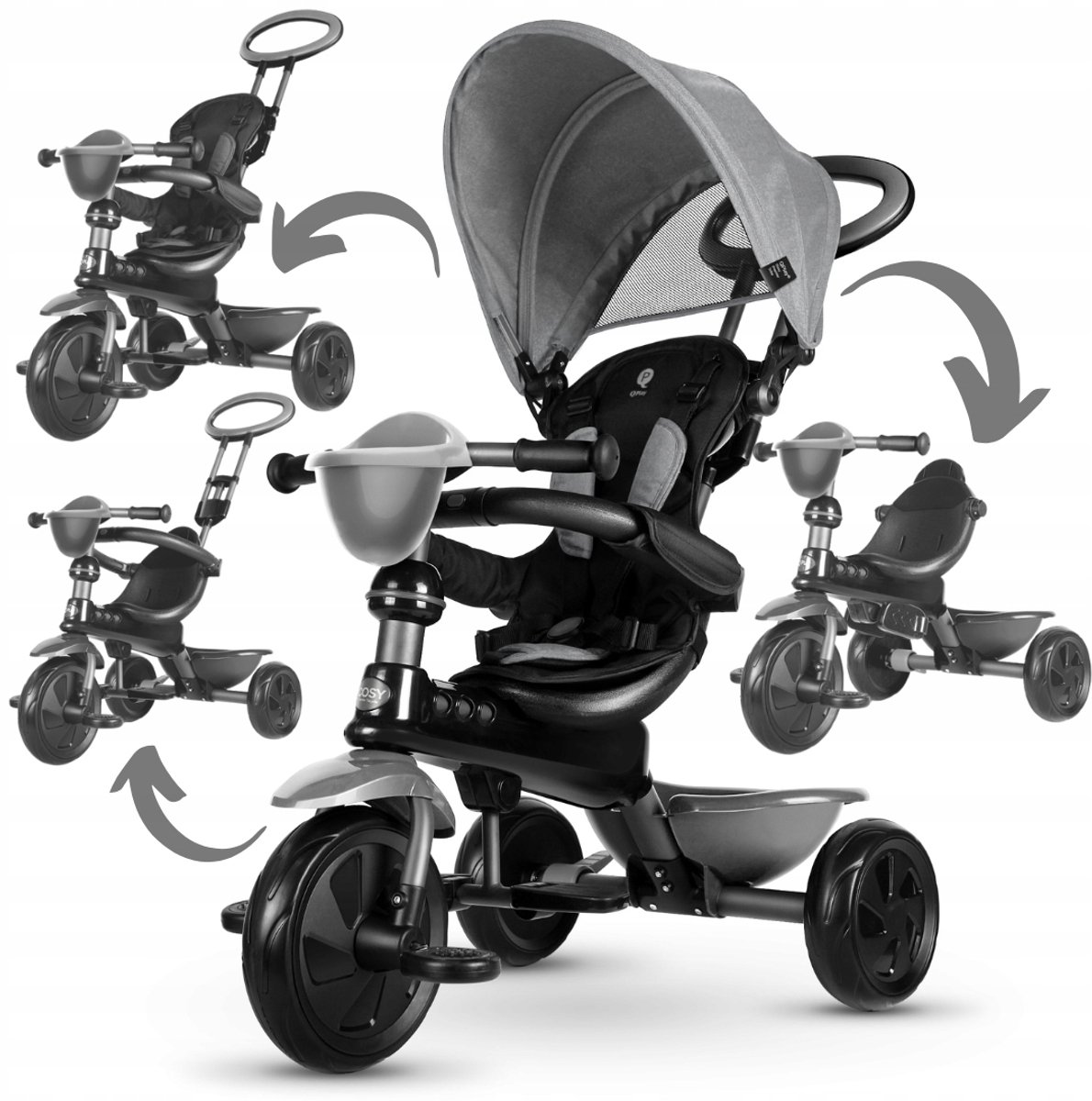 qplay cosy 4 in 1 driewieler kinderen grijs groeit mee