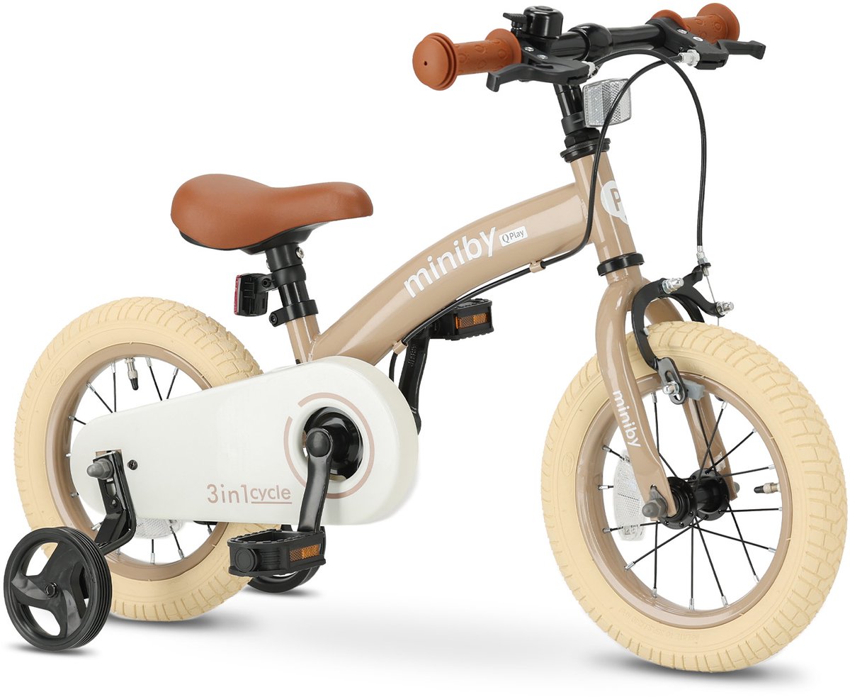 qplay miniby kinderfiets 12 inch 3 in 1 loopfiets mocha