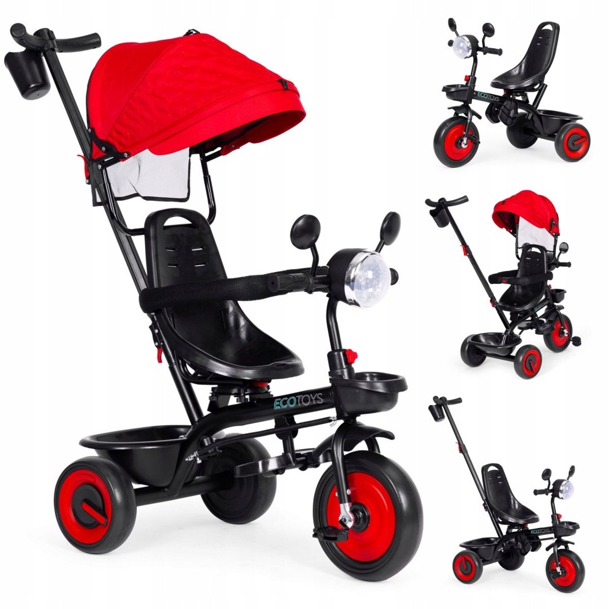 rood 3 in 1 kinderloopfiets met draaibaar zitting zonnekap