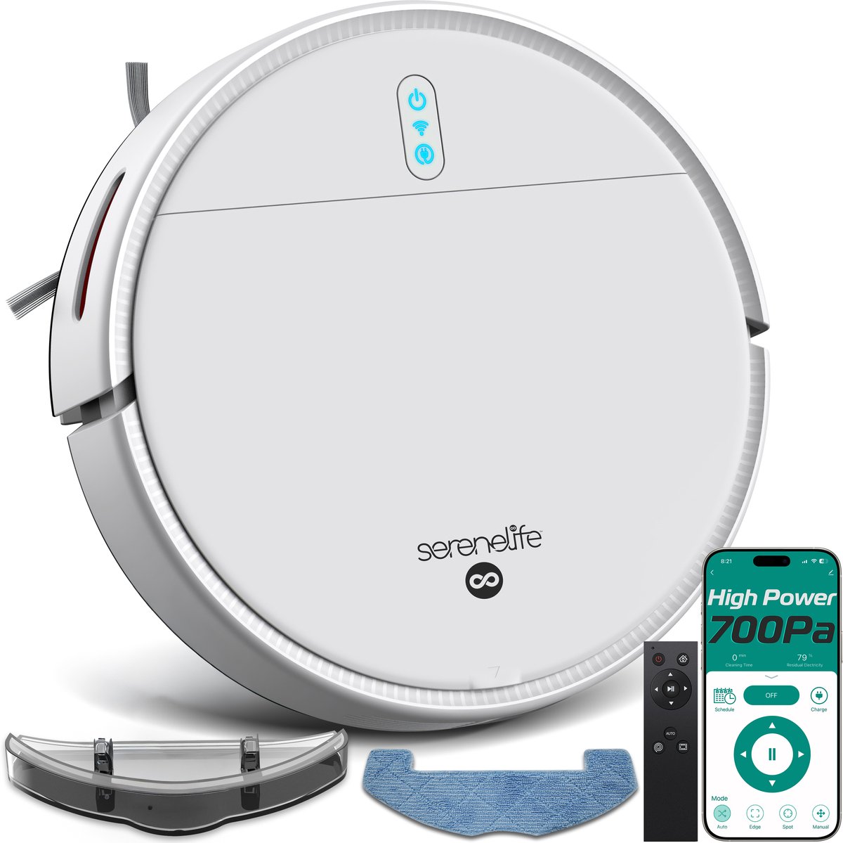serenelife slimme robotstofzuiger en mop combo app besturing 3 schoonmaakmodi anti val sensoren zelf oplaadfunctie 700pa zuigkracht ideaal voor dierenharen tapijt en harde vloeren wit