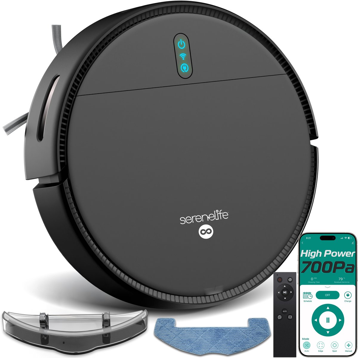 serenelife slimme robotstofzuiger en mop combo app besturing 3 schoonmaakmodi anti val sensoren zelf oplaadfunctie 700pa zuigkracht ideaal voor dierenharen tapijt en harde vloeren zwart