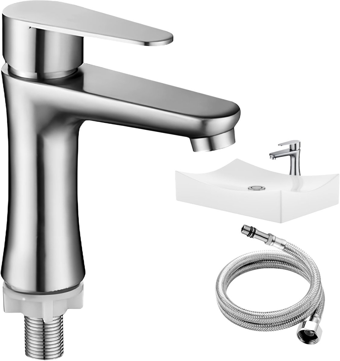 svg commerce badkamerkraan koud water alleen van roestvrij staal eengreepsmengkraan voor badkamer met 80 cm aansluitslang kraan voor toilet en gastenwastafel