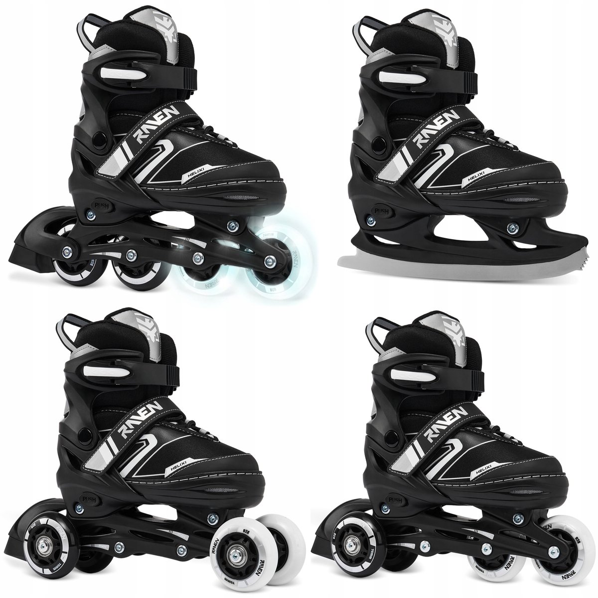 verstelbare 4 in 1 skates schaatsen raven helixi zwart grijs 30 33 led