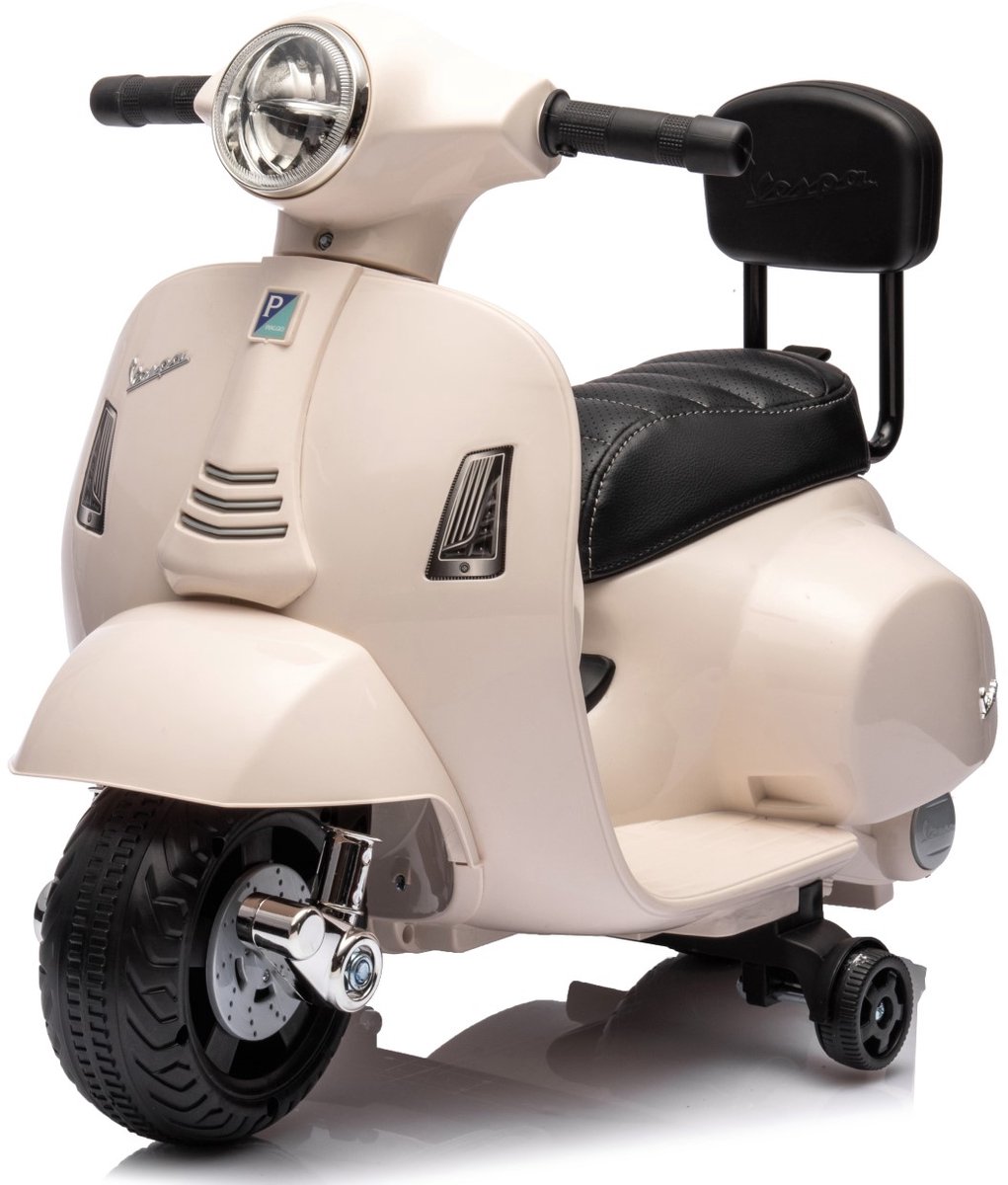 vespa elektrische motorfiets kindermotorfiets met claxon gaspedaal licht zijwielen wit met rugleuning