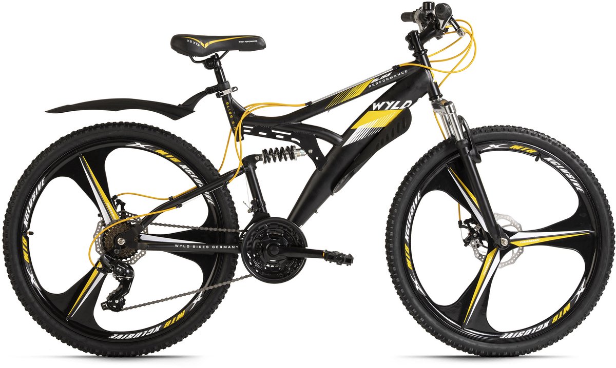 wyld mountainbike fully 26 bliss zwart geel 21 versnellingen framemaat 47 cm magnesium wielen