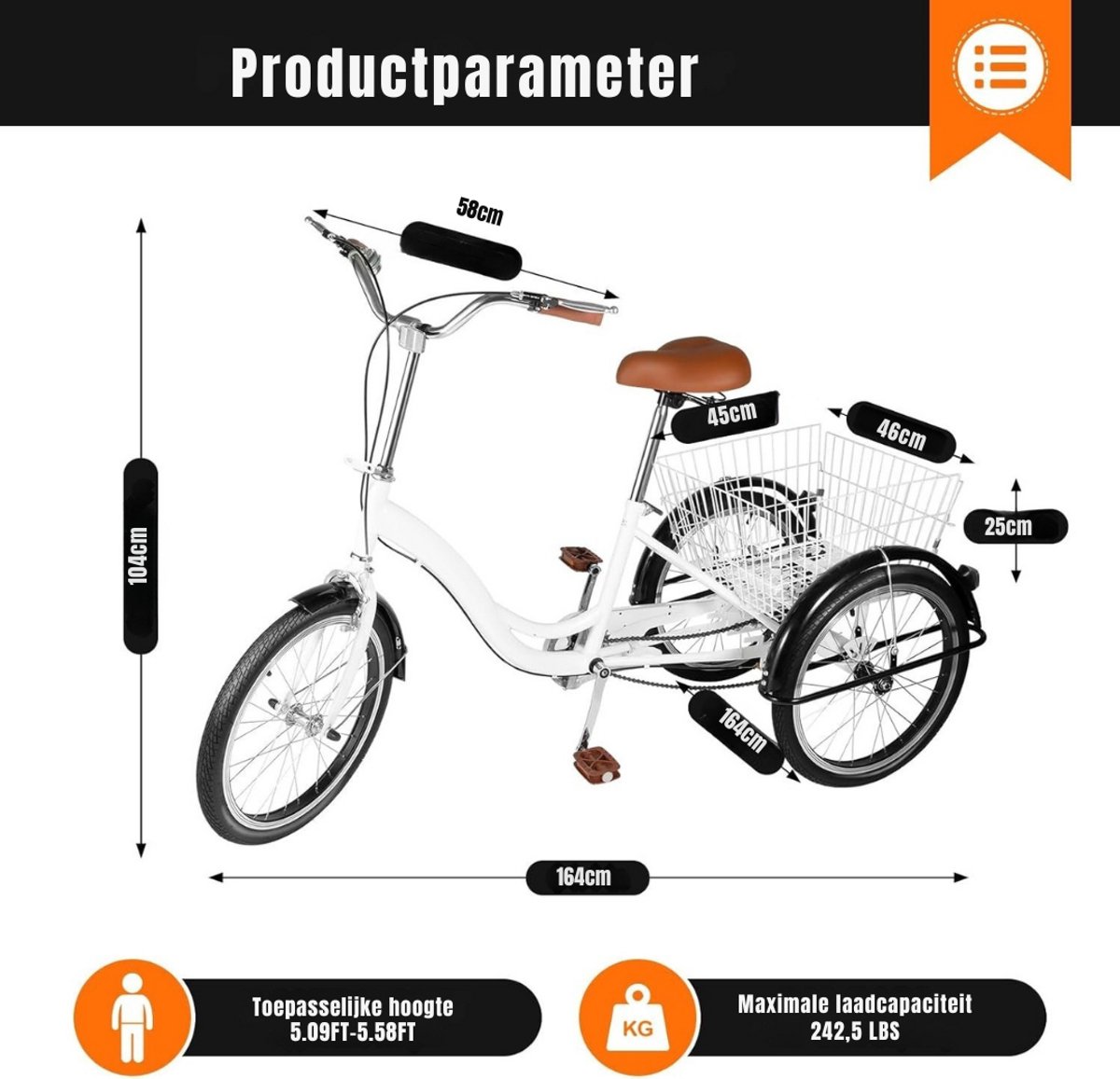 Zylo® Driewieler Volwassenen - Geschikt voor Volwassenen - Inclusief Fiestmand - 20 Inch - 3 Wielen - 165x65x105cm - Wit Driewieler kopen online