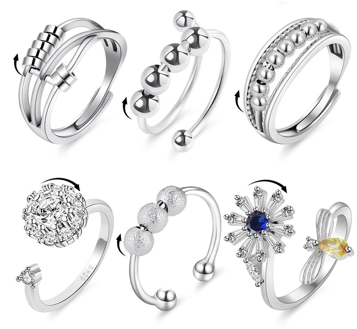 6 stuks anti angst fidgetringen open verstelbare ring bloem vlinder zonnebloem draaibare kralenringen stressverlichting stapelbare ringset voor vrouwen en mannen