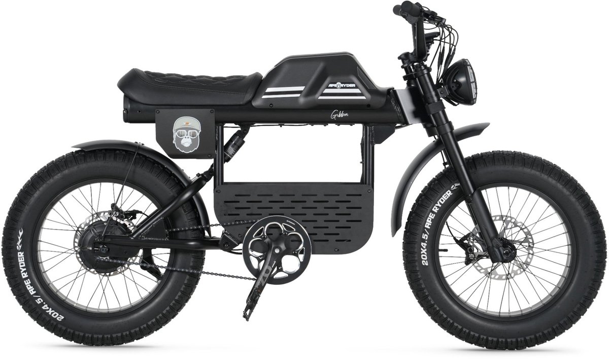 ape ryder gibbon fatbike mat zwart 20x4 5 inch accu 960wh 48v 20ah 250w achterwielmotor hydraulische remmen