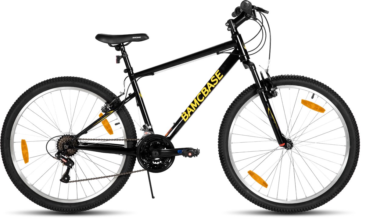 bamcbase agave voorvering mountainbike 27 5 inch carbonstalen frame 18 versnellingen handrem v brake spatborden zwart