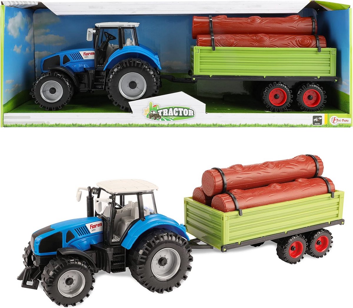 blauwe speelgoedtrekker met aanhanger 20 cm kinderspeelgoed