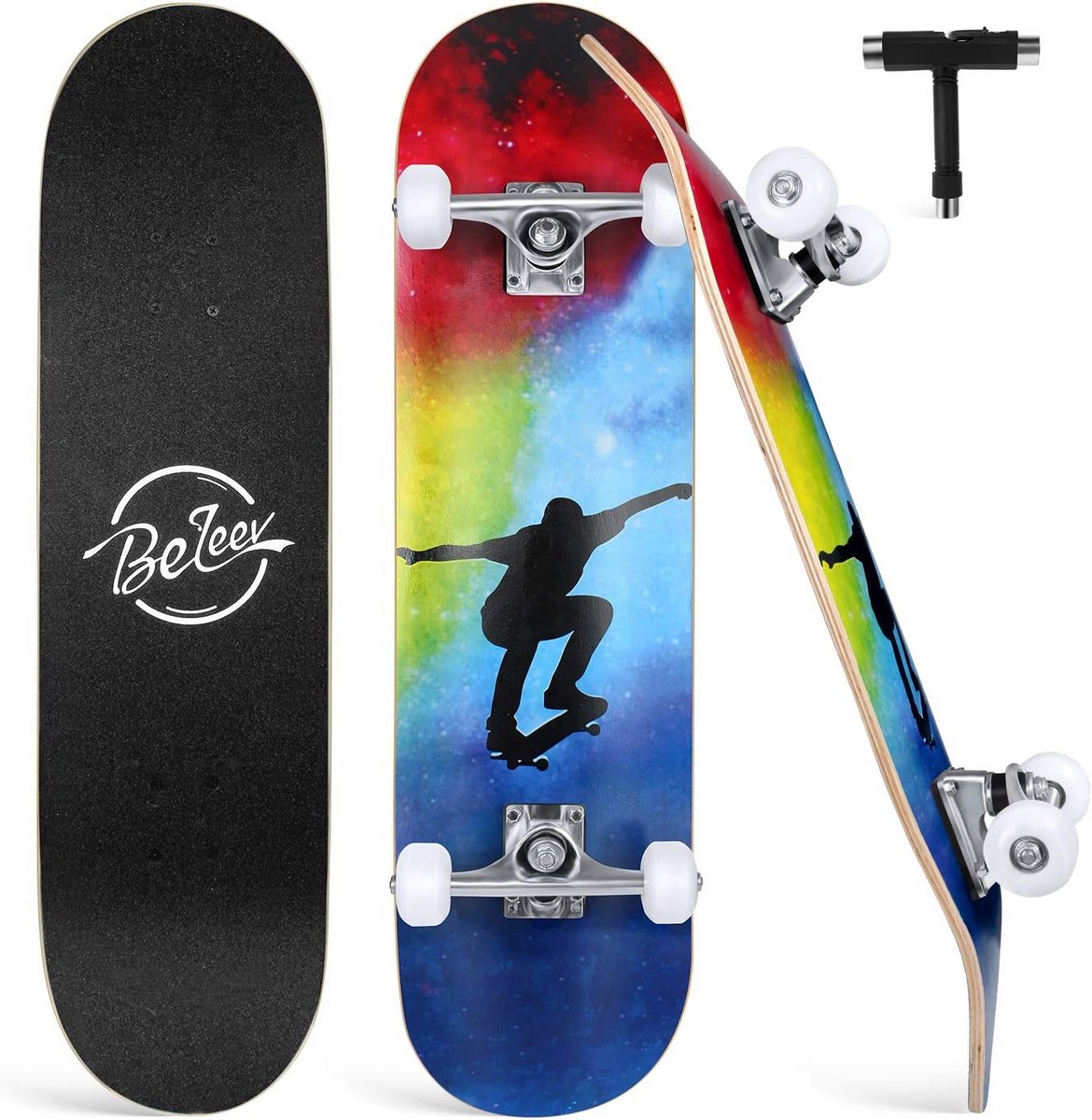 Cruiser Skateboard 80 x 20 cm - Compleet voor Kinderen en Volwassenen - 7-laags Canadees Esdoorn Double Kick Deck met Skate T-tool Skateonderdeel kopen online