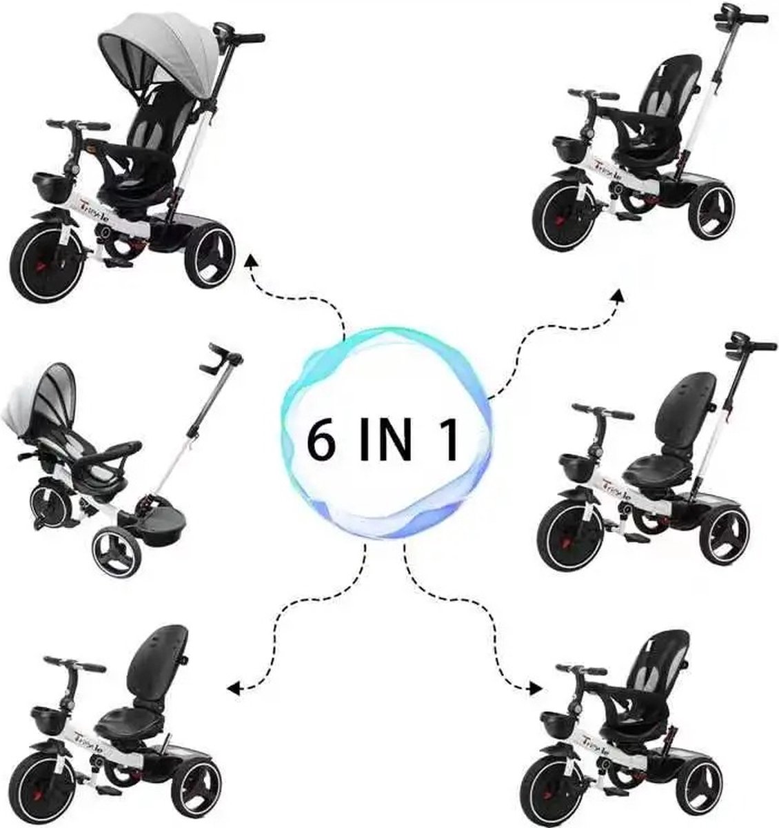decotopia 6 in 1 driewieler buggy fiets duwstang zonnescherm kinderzitje zwart wit draaibaar zitje 9 maanden tot 4 jaar