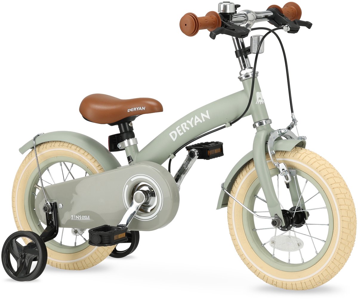 Deryan Luxe Kinderfiets 12 inch - 3 in 1 - loopfiets Groen Kinderfiets kopen online