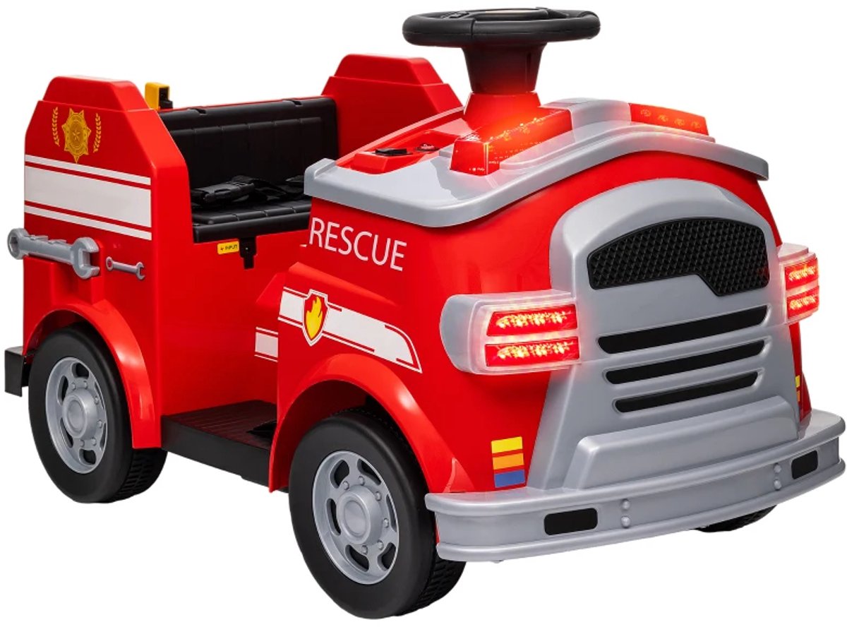 Elektrische Brandweerwagen - Kinderauto - 12V Accu - tot 3 km/u - Kinderen 3-5 jaar - met Sirene, Zwaailicht & Gereedschap - Muziek & Claxon - Kindervoertuig - Accuvoertuigen - Rood Accuvoertuig kopen online
