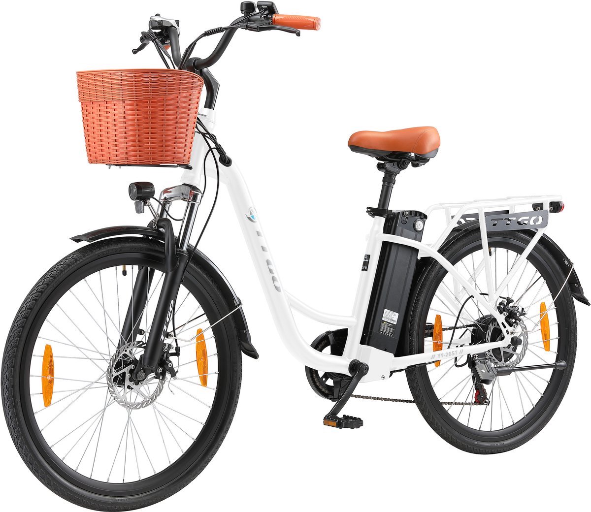elektrische fiets ttgo yy 26st wit 522wh 15ah accu 75 km bereik 250w motor instap frame 26 inch wielen verende voorvork shimano 6 versnellingen lcd display stadsfiets voor dames en heren