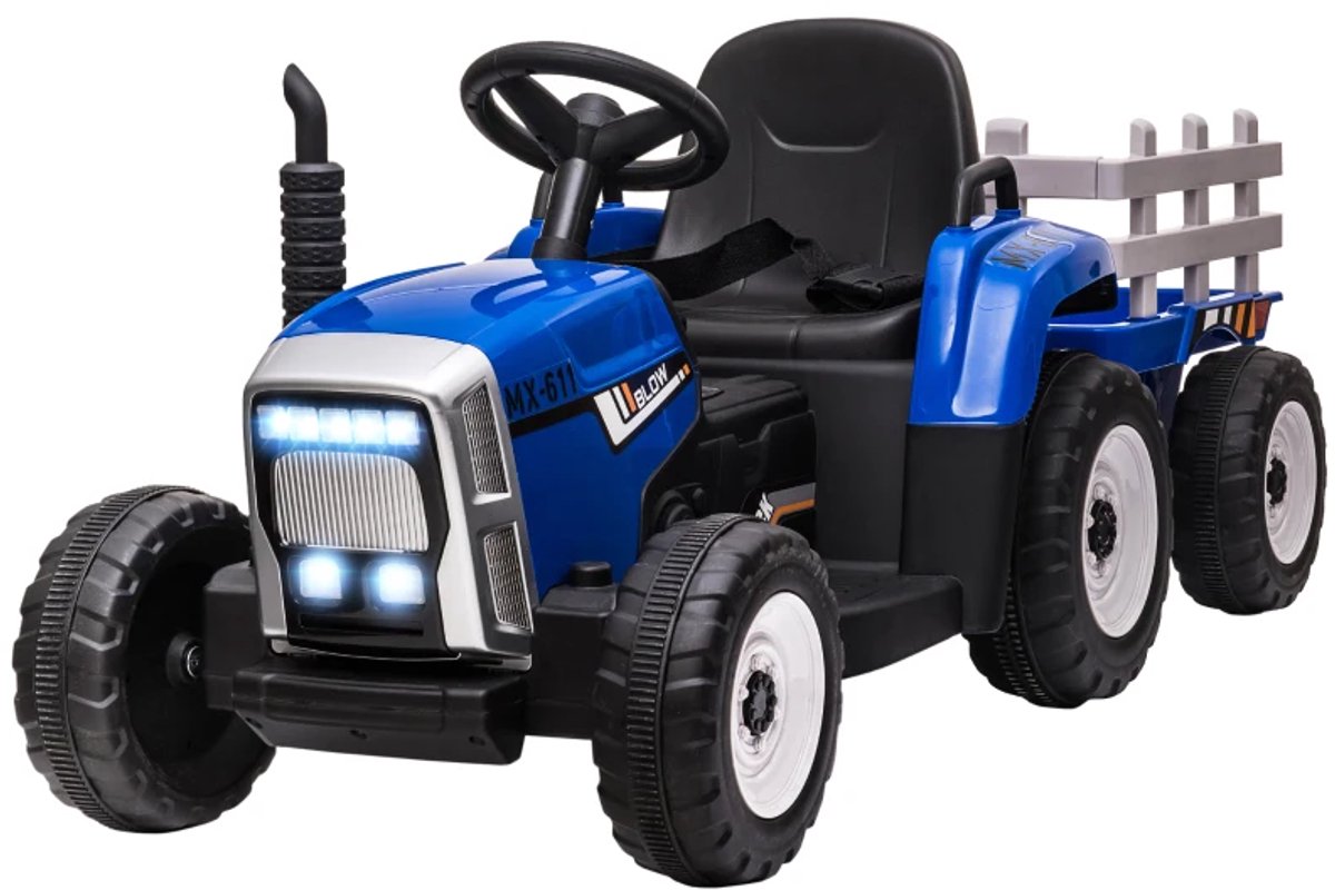 Elektrische Kinderauto met Aanhanger - Kindertractor - 12V Accu - tot 6 km/u - Kinderen 3-6 jaar - met Afstandsbediening en Verlichting - Claxon & Muziek - Accuvoertuigen - Blauw Accuvoertuig kopen online