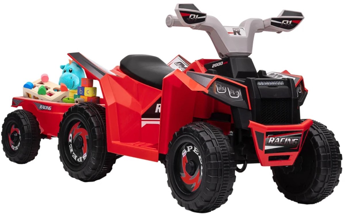 elektrische kinderquad met aanhanger voertuig met 4 wielen 6v tot 2 5 km u kinderen 1 5 3 jaar 50 minuten rijtijd voor kinderen kindervoertuig accuvoertuigen rood