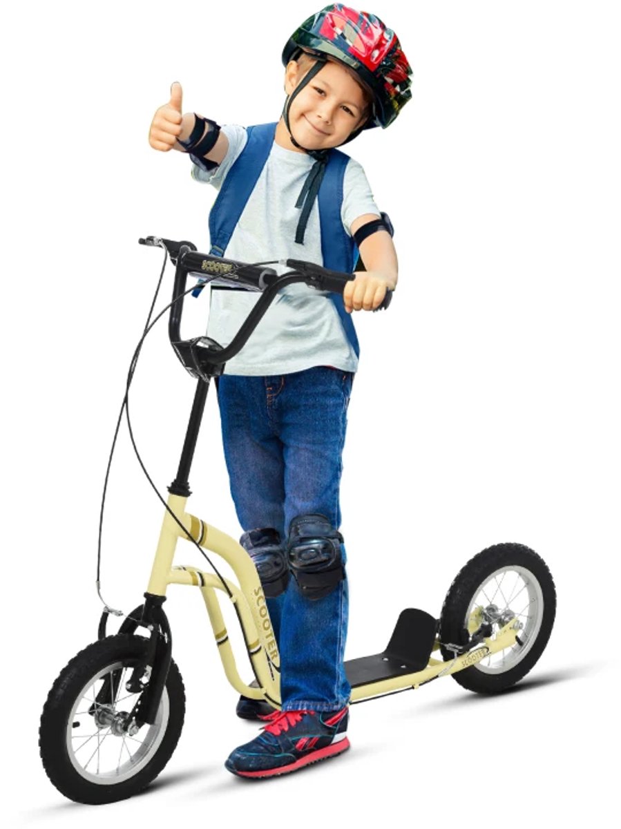 kinderstep kinderstepjes met 12 inch luchtbanden en handrem step stadsstep stuurhoogte 85 95 cm speelgoed jongens meisjes vanaf 5 jaar tieners volwassenen draagkracht tot 100 kg beige