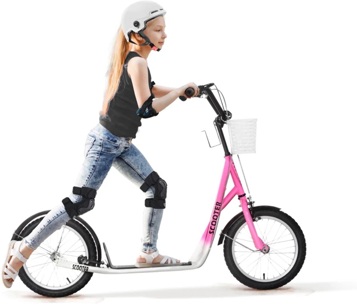 kinderstep kinderstepjes met 16 inch luchtbanden en handrem opvouwbaar step stadsstep stuurhoogte 90 96 cm speelgoed jongens meisjes 5 12 jaar draagkracht tot 100 kg wit roze