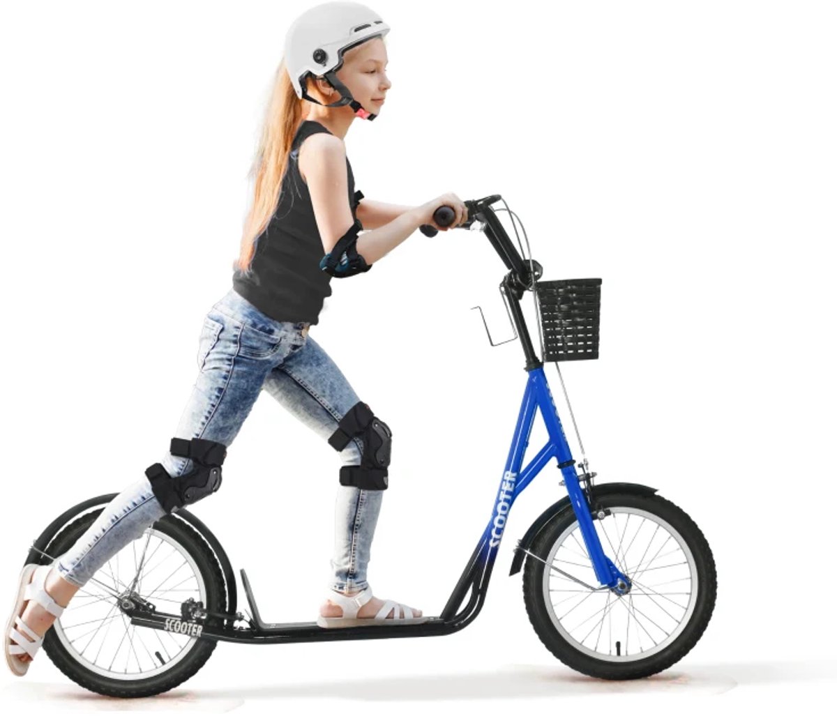 Kinderstep - Kinderstepjes met 16-inch Luchtbanden, Mandje en Handrem - Step - Stadsstep - Stuurhoogte: 90-96 cm - Speelgoed Jongens/Meisjes 5-12 jaar - Draagkracht tot 100 kg - Blauw+Zwart Step kopen online