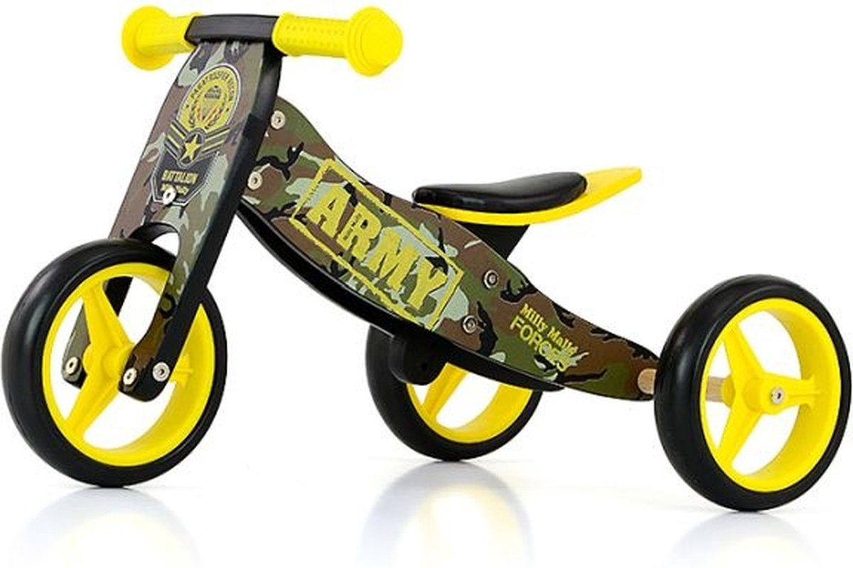 Milly Mally 2-in-1 Loopfiets Jake Army - Loopfiets - Unisex - Legergroen;Geel Loopfiets kopen online