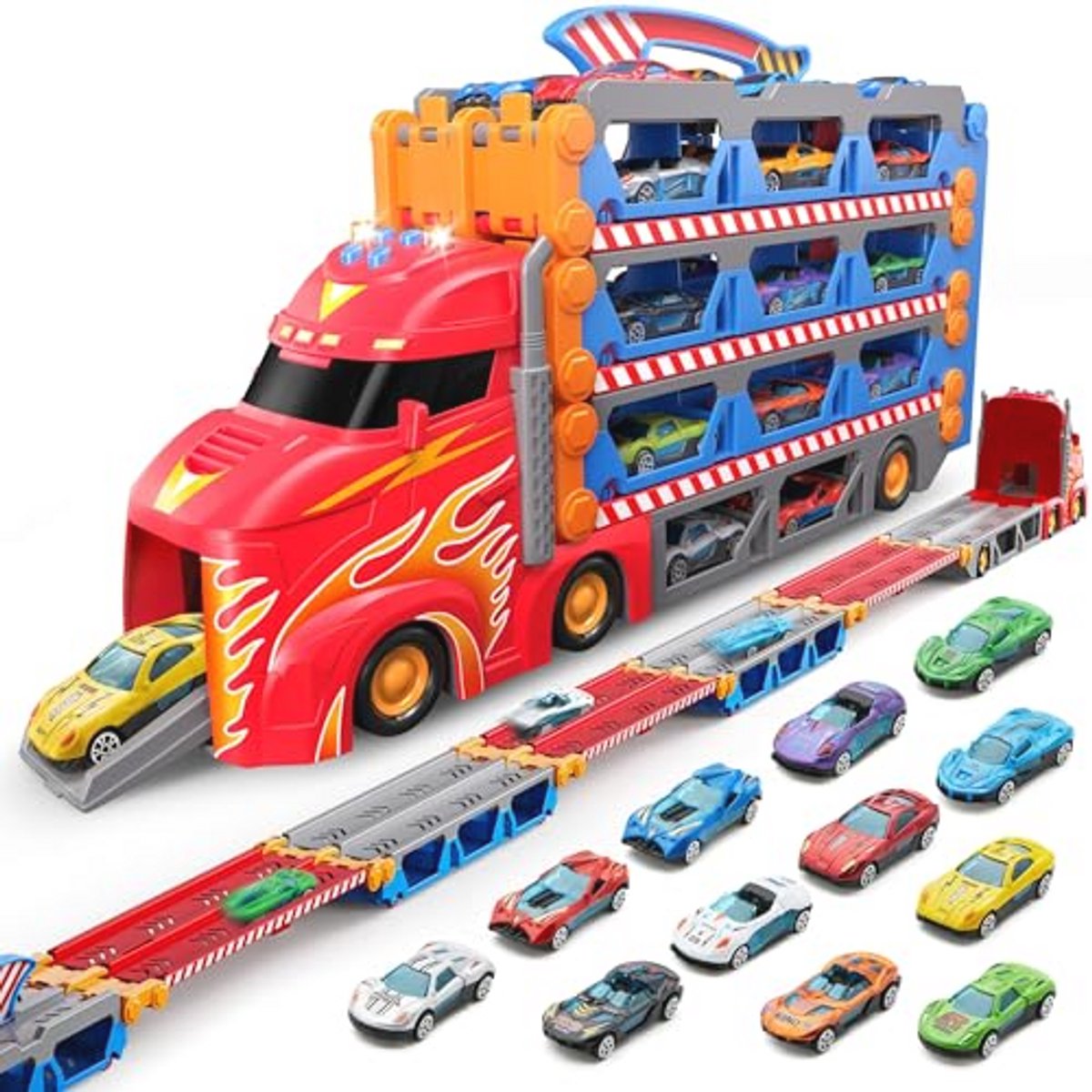 Opvouwbare Carrier Truck Racebaan voor Peuters - 8 FT met 12 Mini Raceauto's, Lichten en Geluiden - Speelgoed voor Jongens en Meisjes van 3-5 Jaar Speelgoedkruiwagen kopen online