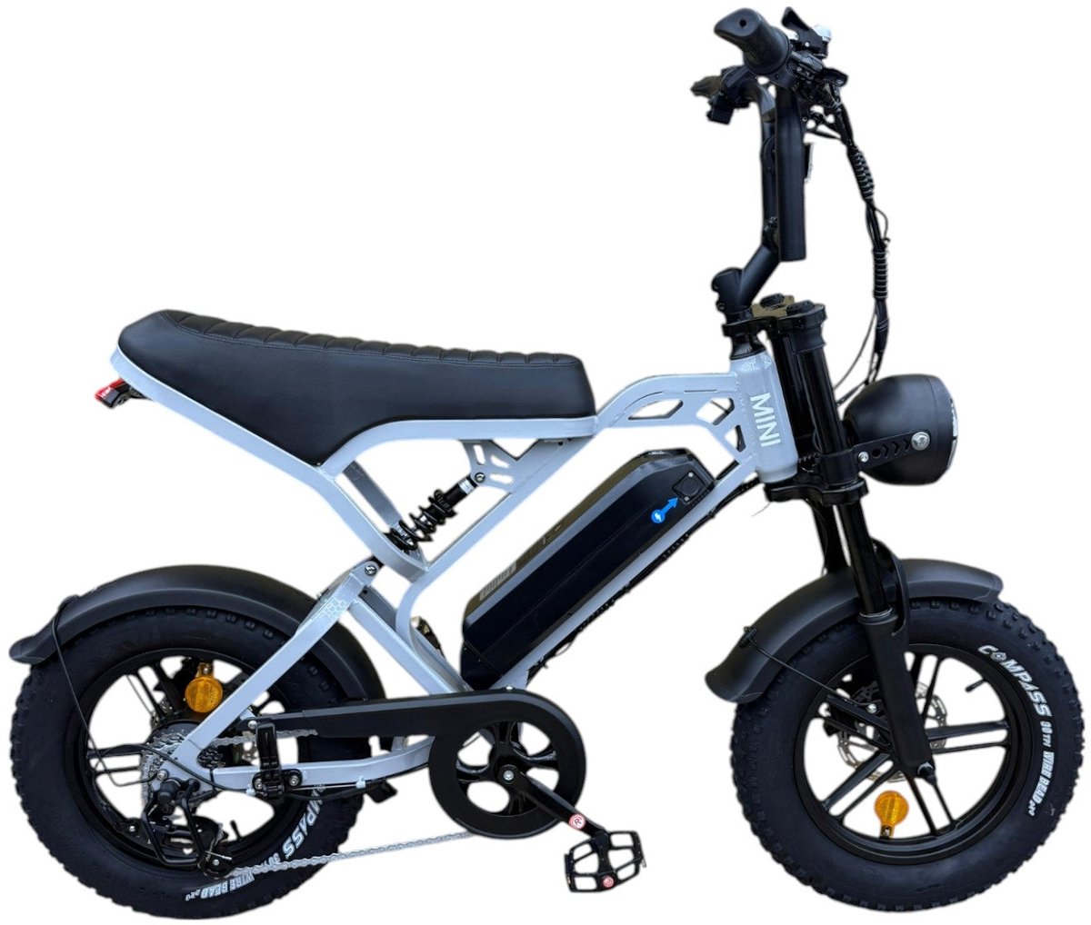 qmwheel v20 mini fatbike kinderfatbike grijs 16x4 inch 150 kg draagvermogen accu 36v 13ah 250w motor shimano 7 versnellingen hydraulische schijfremmen