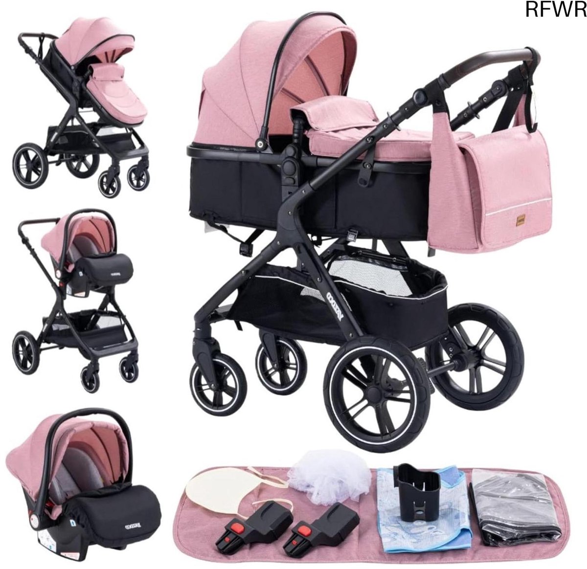 RFWR® 3-in-1 Kinderwagen - Driewieler, Hoge Landschap, Vouwbaar - Geschikt van 0-36 Mnd - Roze Driewieler kopen online