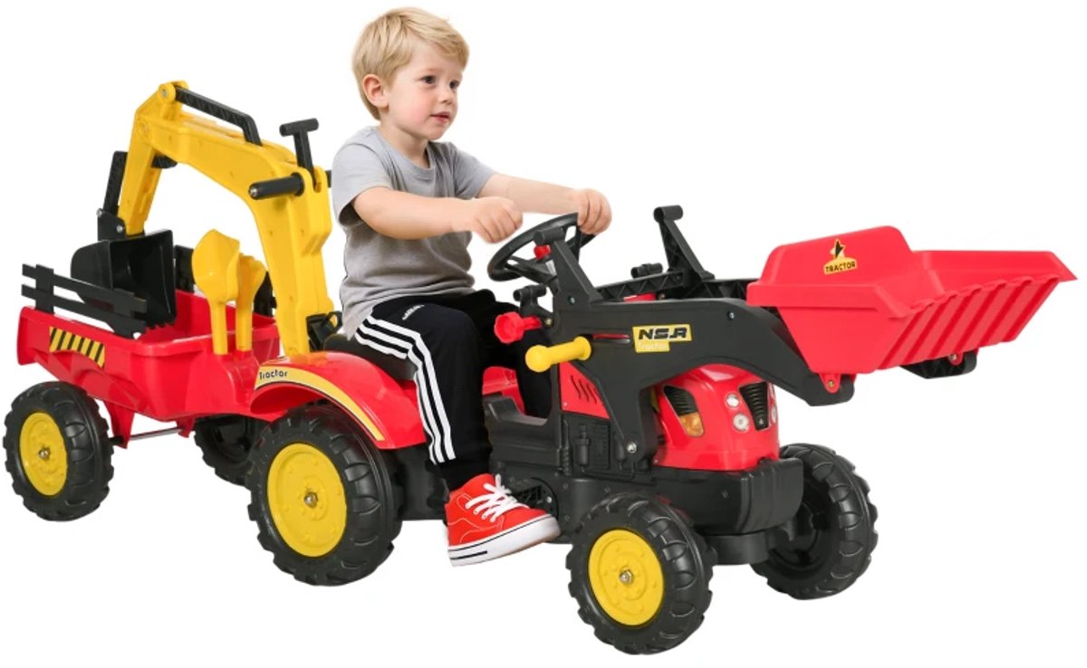 traptractor met aanhanger voorlader en verstelbare schep tractor aanhangwagen kinderen rijden op constructiewagen voor kinderen vanaf 3 jaar metalen frame rood