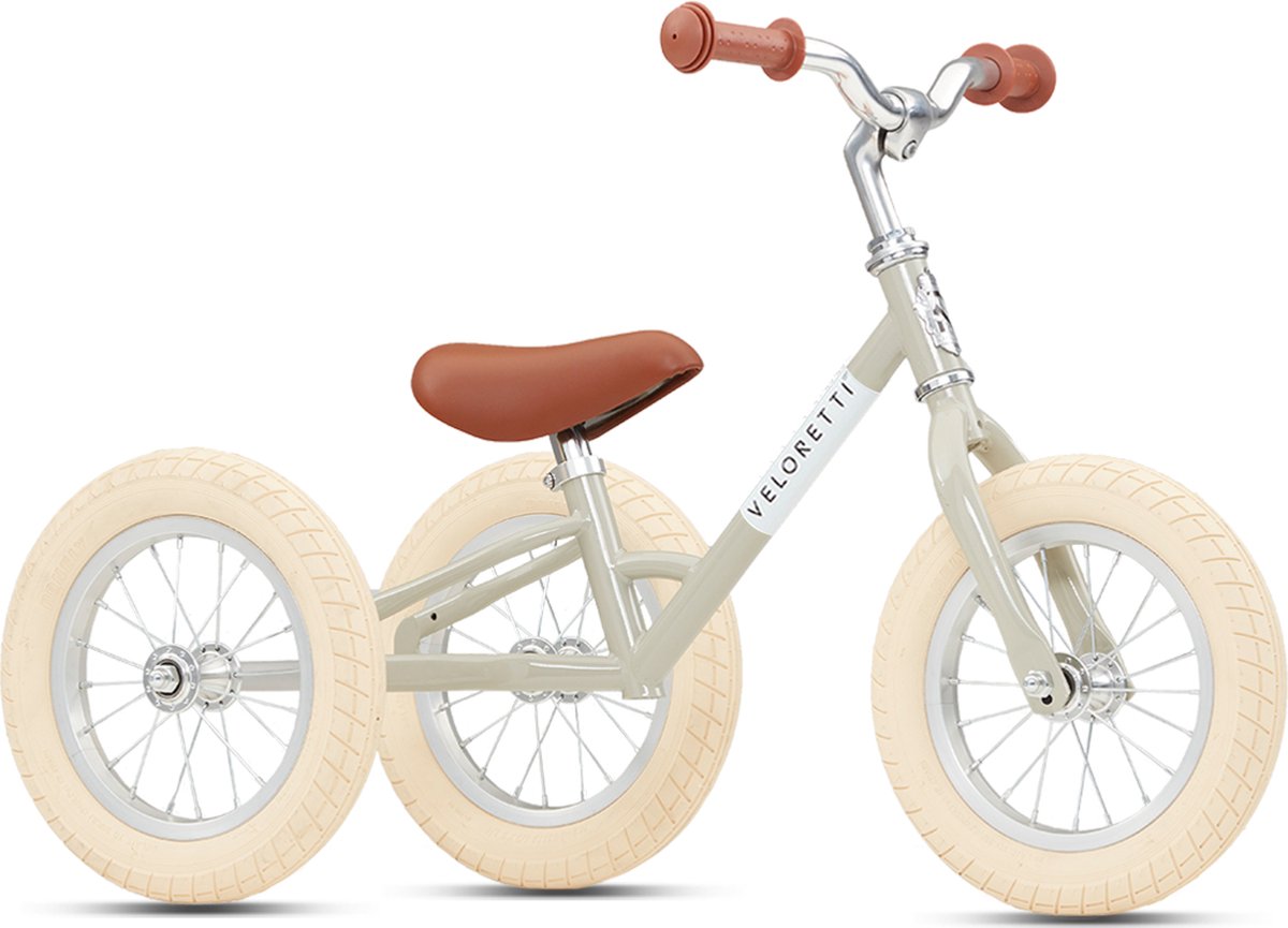 veloretti driewieler 2 in 1 loopfiets met zijwieltjes 1 5 t m 4 jaar 12 inch grijs beige