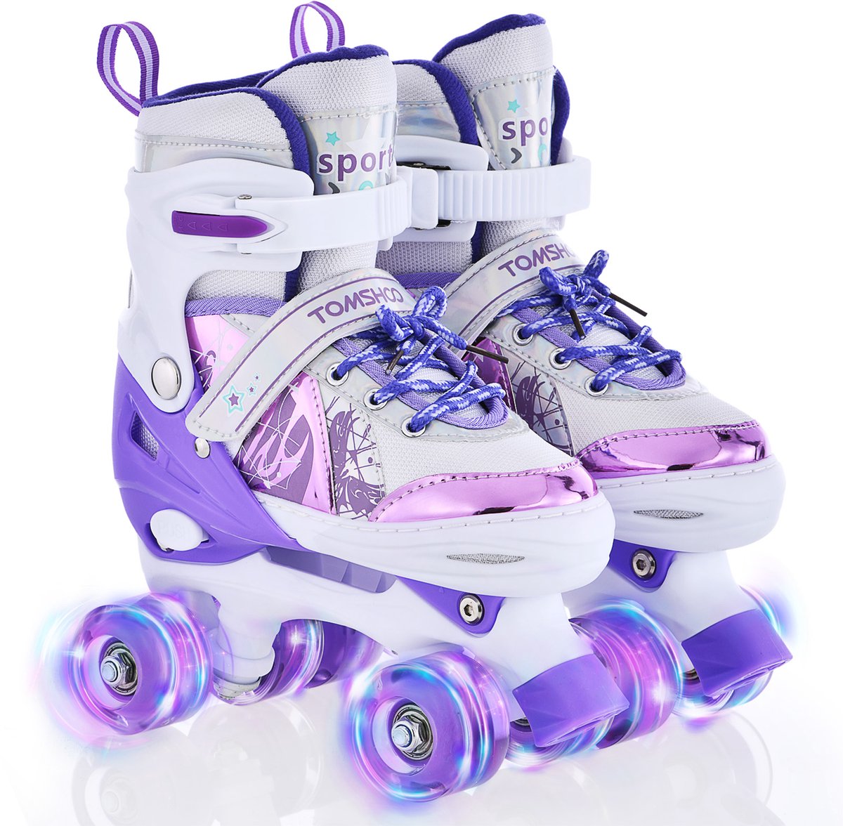 Verstelbare Rolschaatsen voor Kinderen – LED Lichtgevende Wielen – 4 Maten Verstelbaar – Meisjes & Jongens – Paars&Wit – Maat M (19,8–22,4 cm) Rolschaatsen kopen online