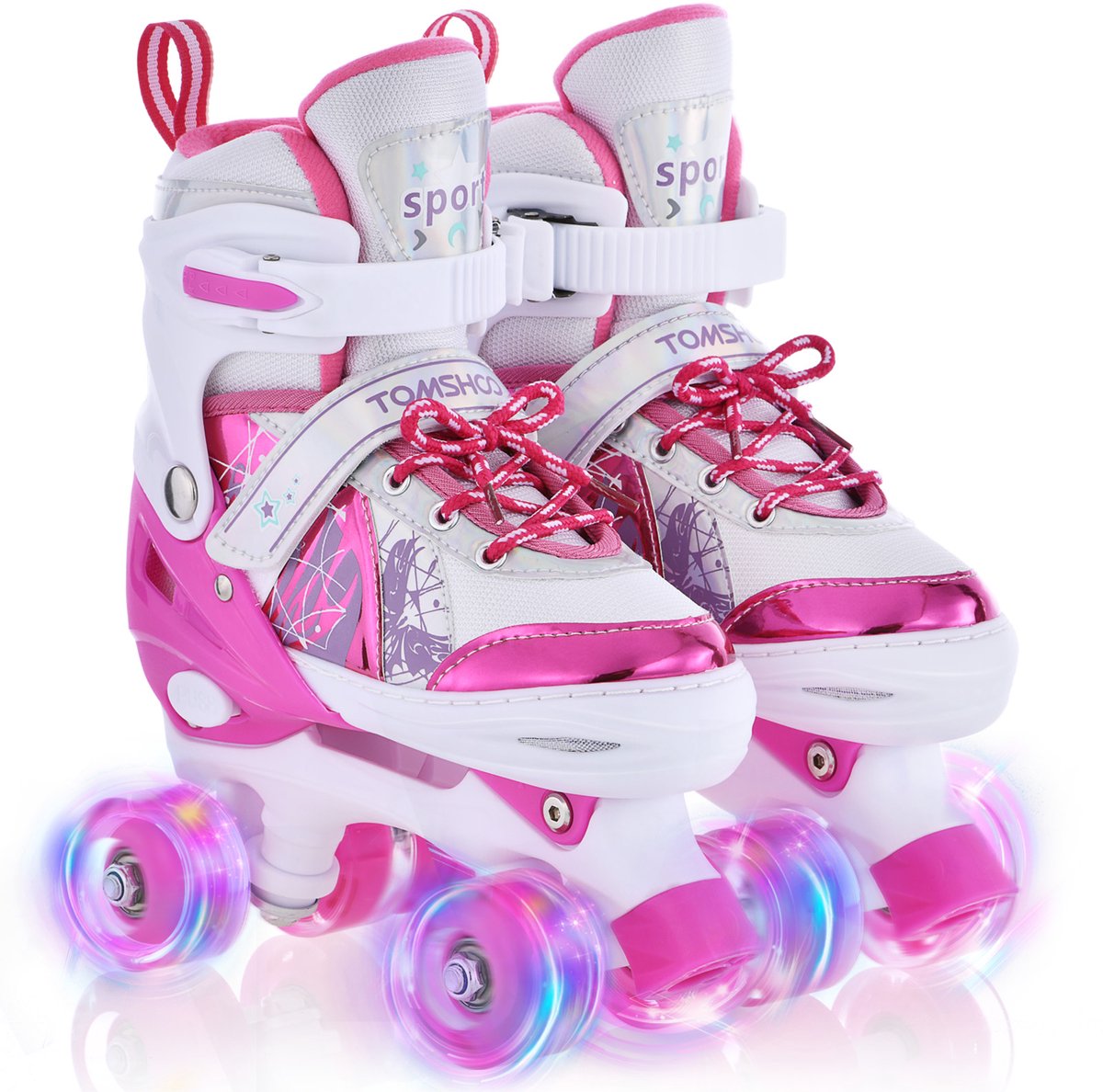 Verstelbare Rolschaatsen voor Kinderen – LED Lichtgevende Wielen – 4 Maten Verstelbaar – Meisjes & Jongens – Roze&Wit – Maat M (19,8–22,4 cm) Rolschaatsen kopen online