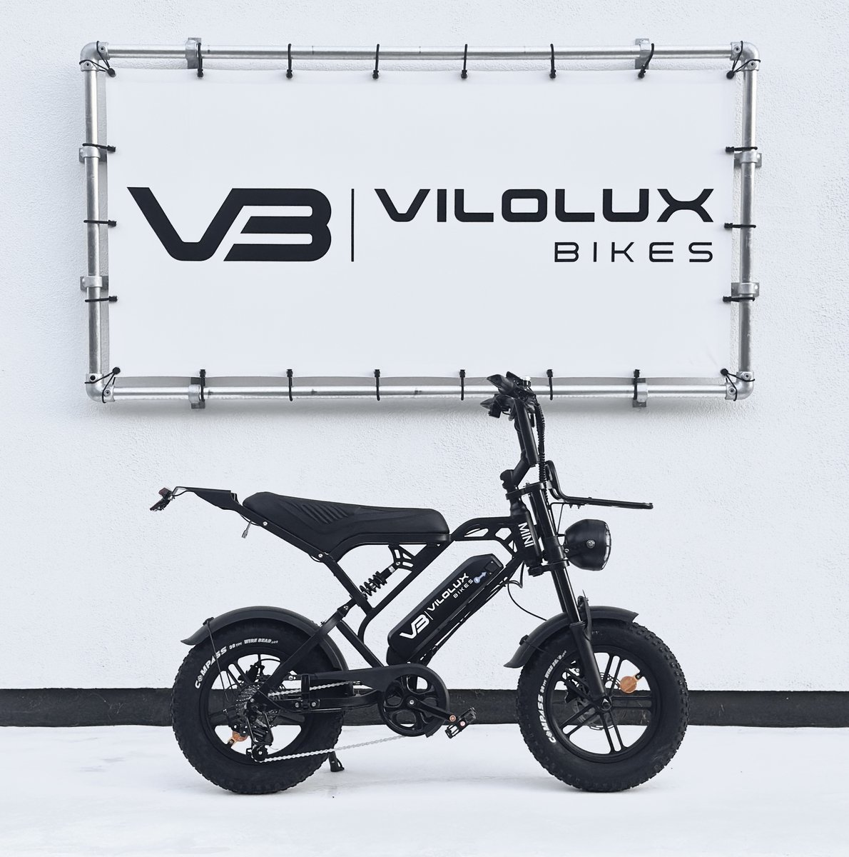 vilolux fatbike electrisch fatbike v20 mini 2025 model voorrek legaal rijklaar geleverd 16 inch 2 jaar garantie telefoontasje hydraulische remmen 7 versnellingen alarm zwart
