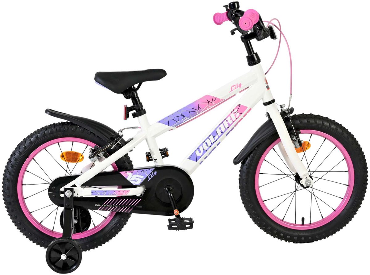 volare lily kinderfiets meisjes 16 inch wit roze paars twee handremmen