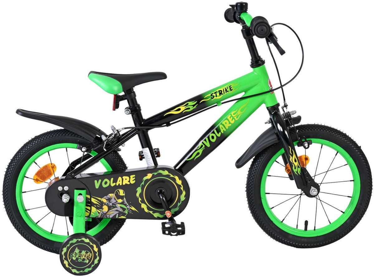 Volare Strike Kinderfiets - Jongens - 14 inch - Zwart Groen - Twee handremmen Kinderfiets kopen online