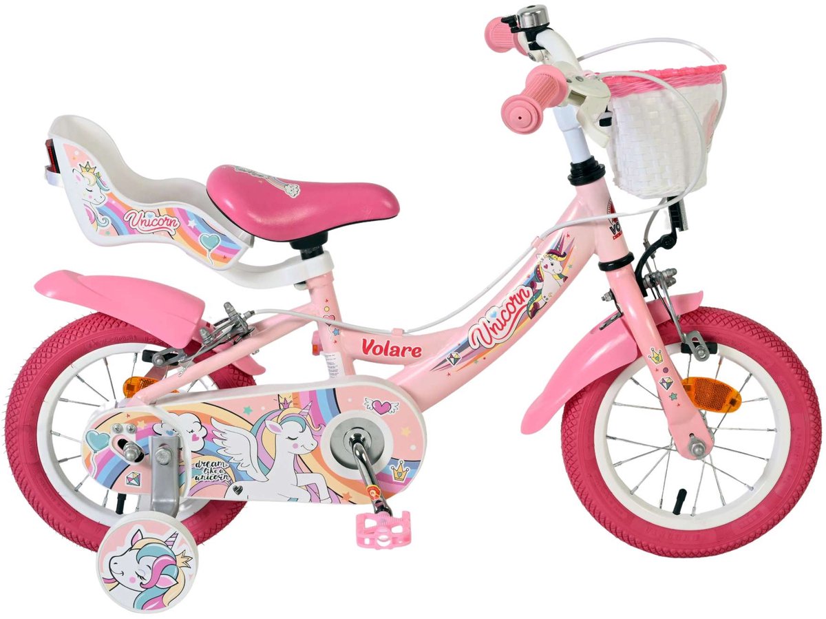volare unicorn kinderfiets meisjes 12 inch roze twee handremmen