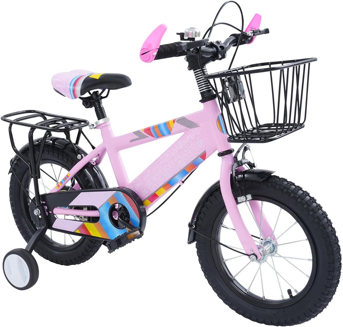 14 inch kinderfiets met zijwieltjes mand en achterbank voor jongens en meisjes