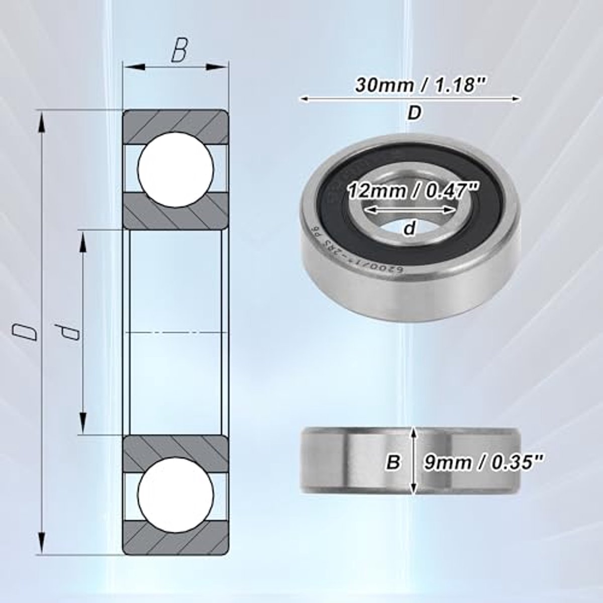 2pcs 6200 12 2rs deep groove ball bearings p6 12 x 30 x 9mm lubricated bearings double seal rubber black silver scooter wheel skateboard replacement