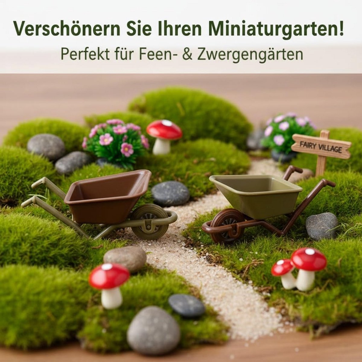 2x miniatuur kruiwagen decoratie kleine vintage trolley model voor sprookjestuin en diorama